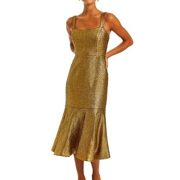 Mestiza New York Jody Metallic Tweed Square Neck Flutter Hem Midi Dress SZ 4 NWT - Picture 1 of 14